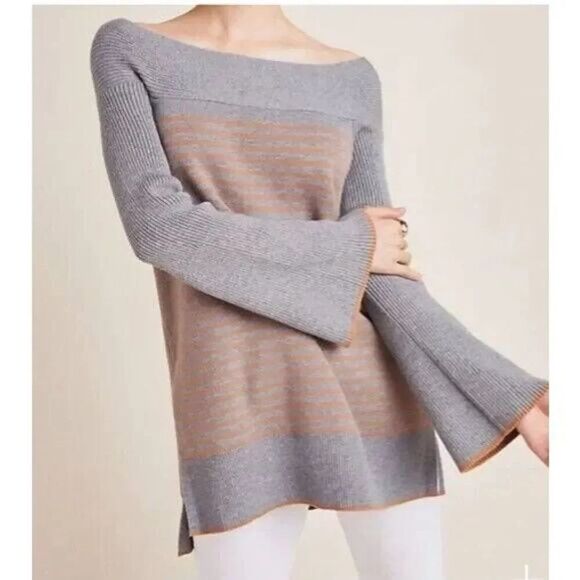 Anthropologie Elise Ribbed Tunic Gray Brown Stripe Off-the-Shoulder Size XS - Picture 1 of 11